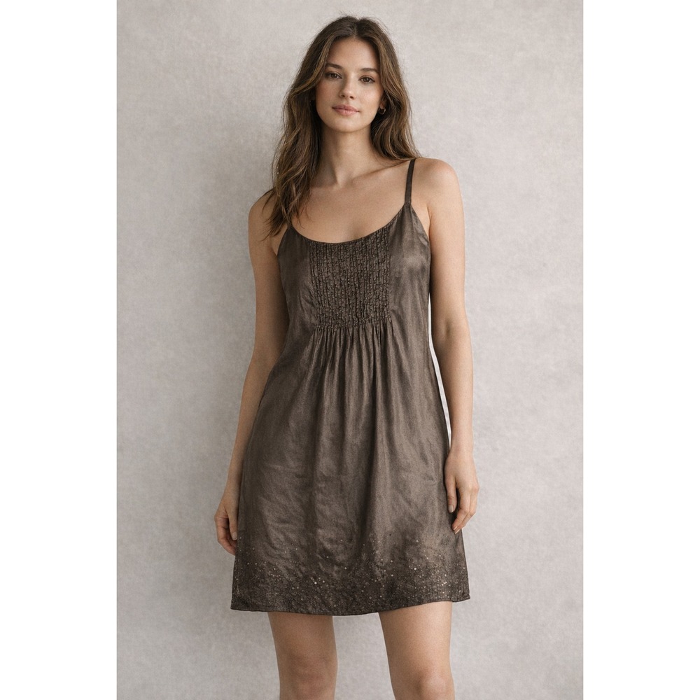 Eileen Fisher Mini Dress Sz S Bronze Metallic 100% Silk Sequin Accent Relaxed